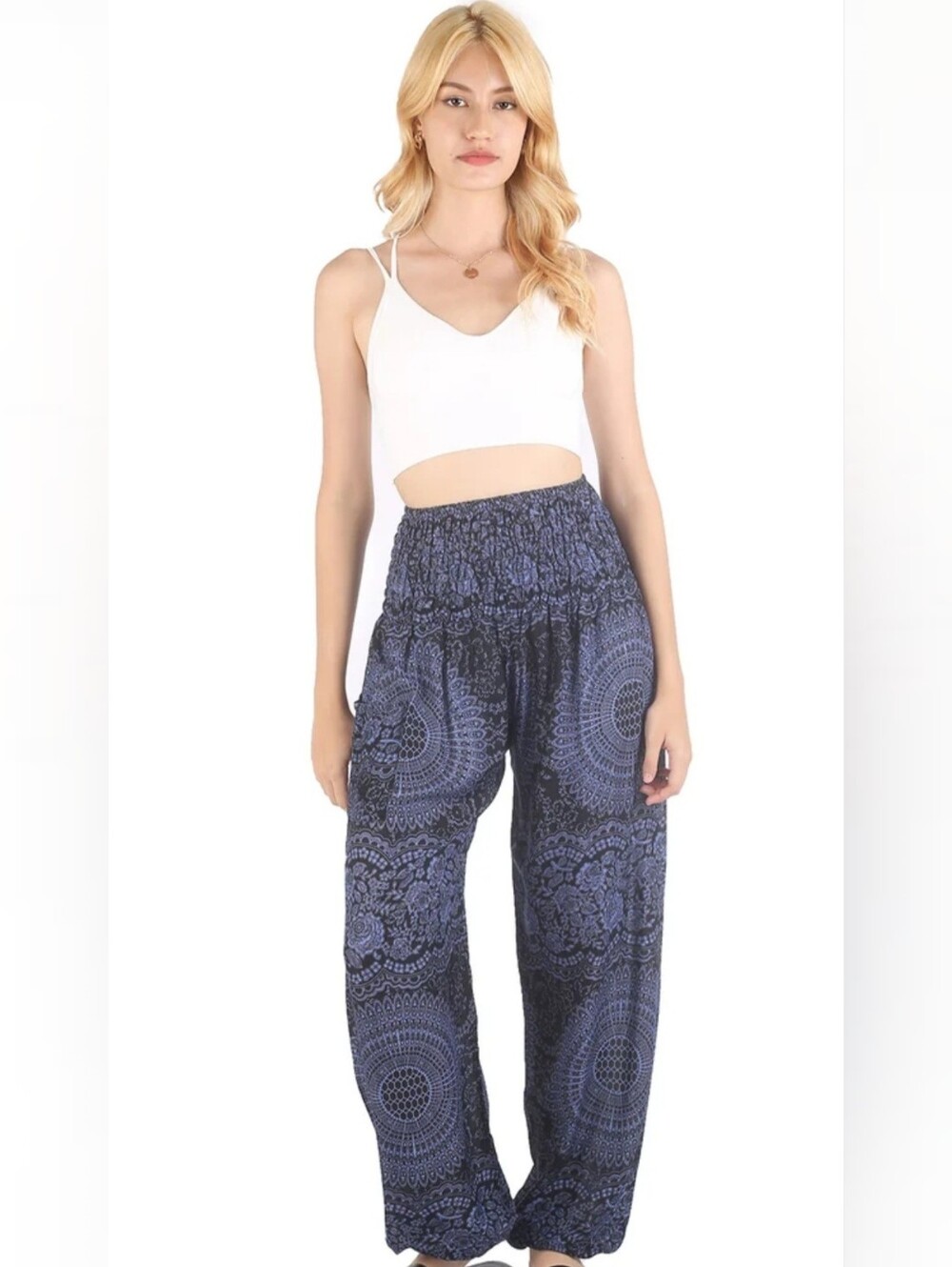Boho Pants Smocked Waist Wide-Leg Pants in Navy Medallion